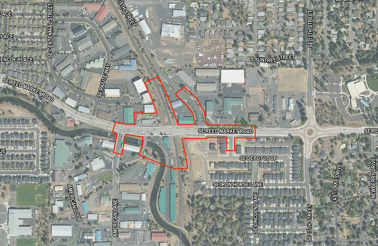 Map of project area limits, from slightly west of American Lane to east of Quill Place, and includes area north and south along the train tracks, as well as extending north up 9th Street.