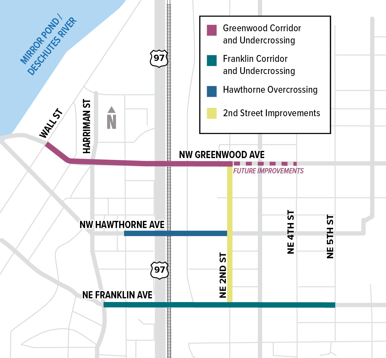 Project area map showing the future improvements of Franklin Avenue, Greenwood Avenue, Hawthorne Avenue, and Second Street 