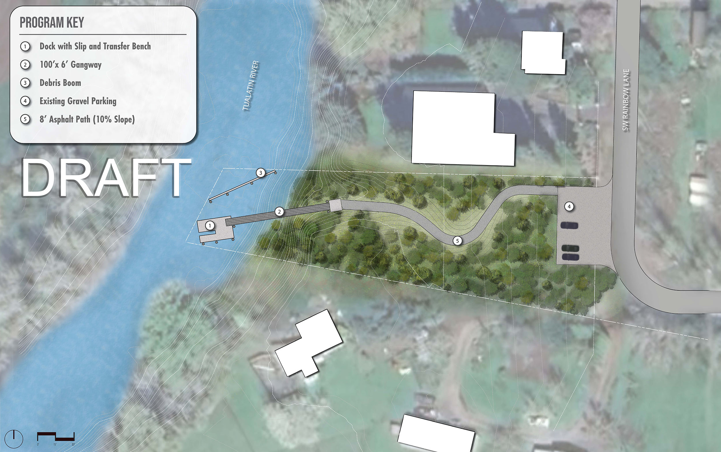 Draft versions of the Eagle Landing improvements including an 8-foot wide accessible asphalt trail to an aluminum gangway to access a floating landing in the Tualatin River. 