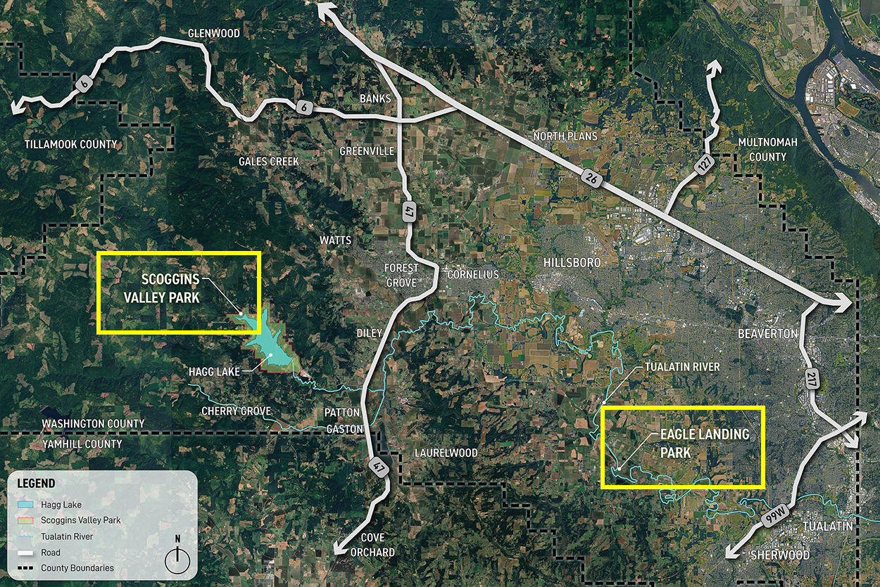 Location map showing where Scoggins Valley Park is located in relation to US 26 and to the west of Forest Grove and Gaston off Highway 47.