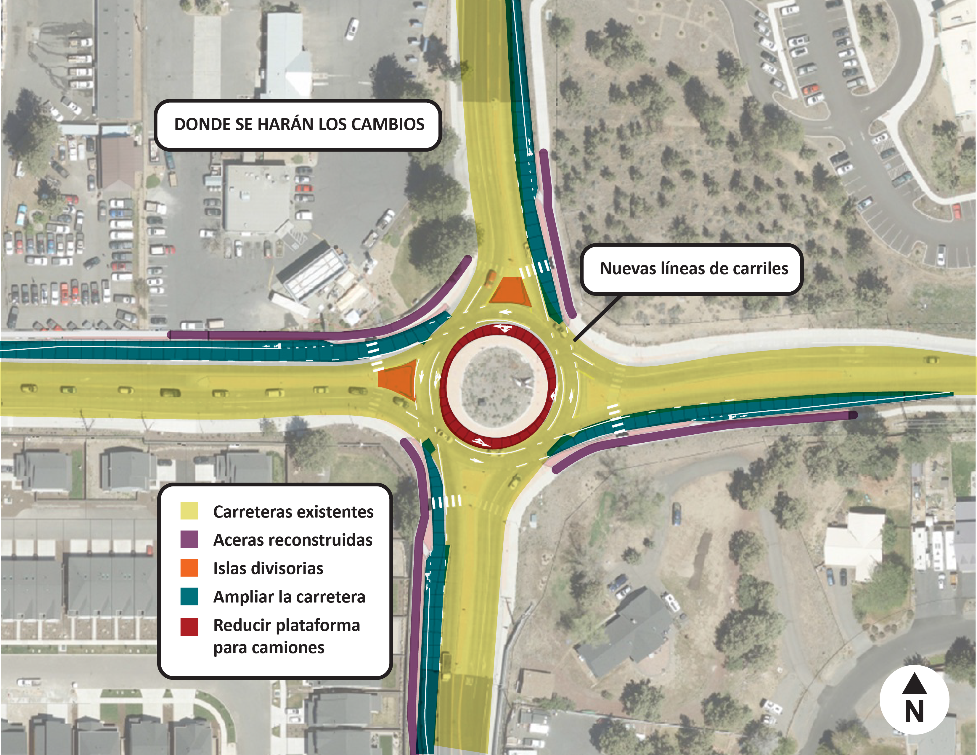 Un mapa aéreo de la intersección, codificado por colores para mostrar las mejoras de seguridad propuestas para la rotonda.