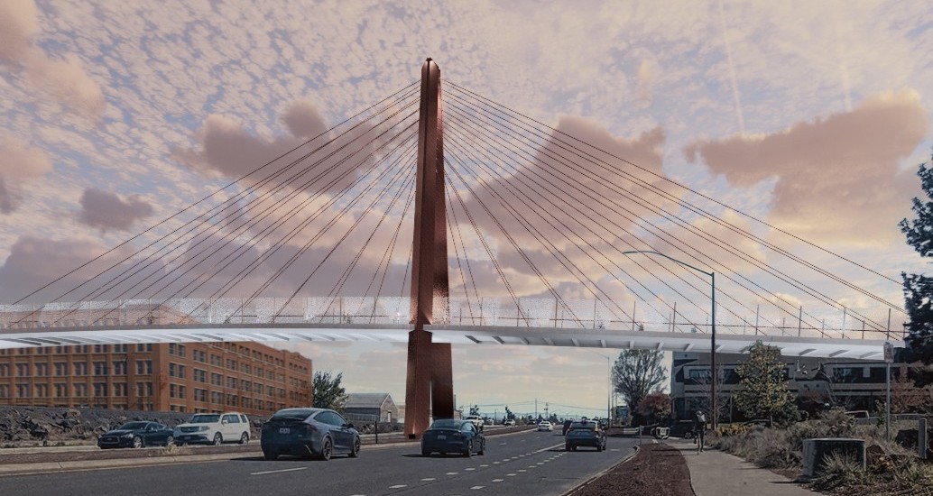 Design rendering of the single tower cable-stayed bridge option.