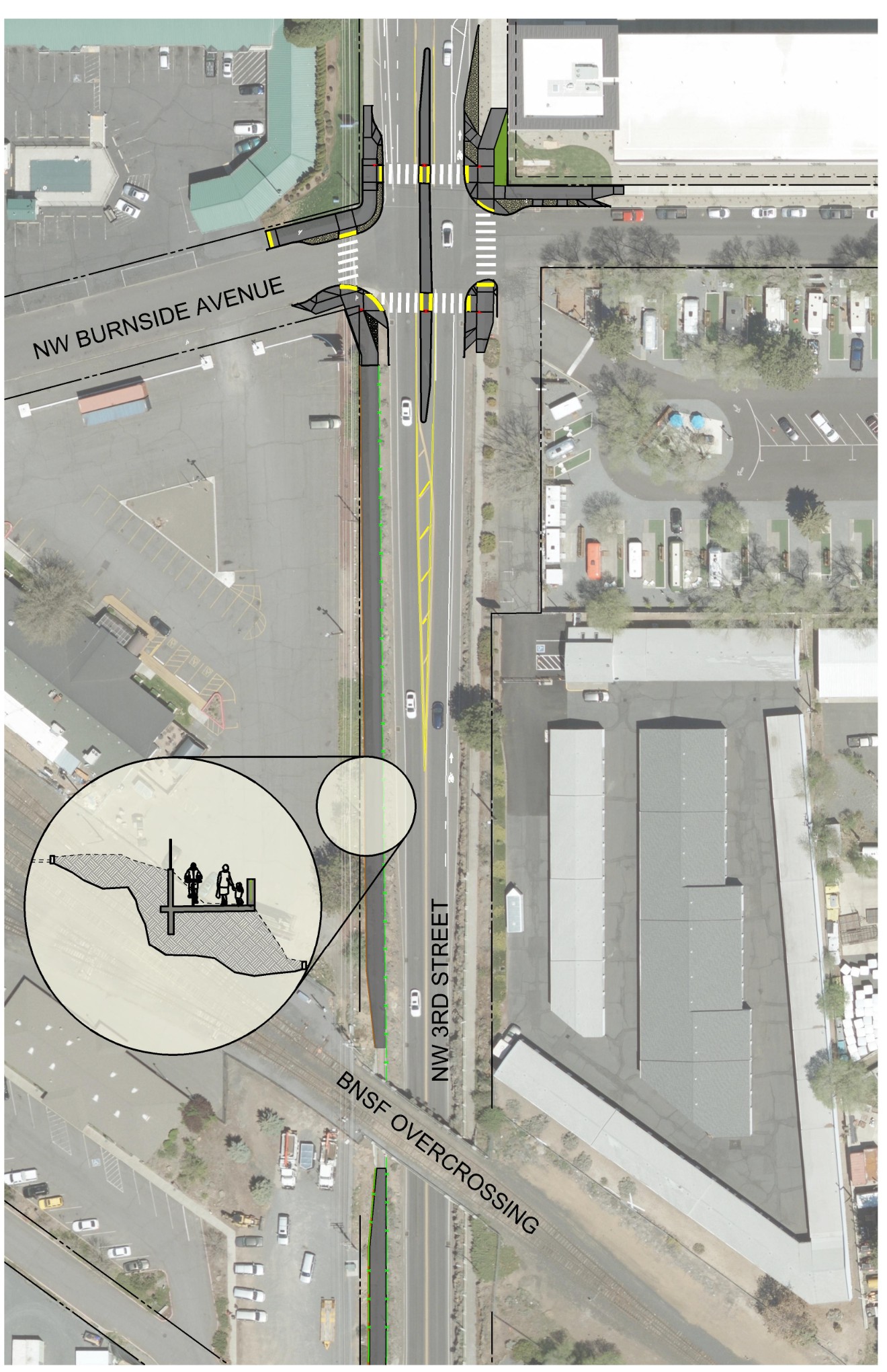 Aerial design plan of NW Third Street north of the BNSF Overcrossing, showing a proposed shared-use path along the west side of the road. An inset cross-section diagram shows pedestrians and a cyclist on a raised path cut into the hillside beside the tunnel opening at Burnside Avenue.