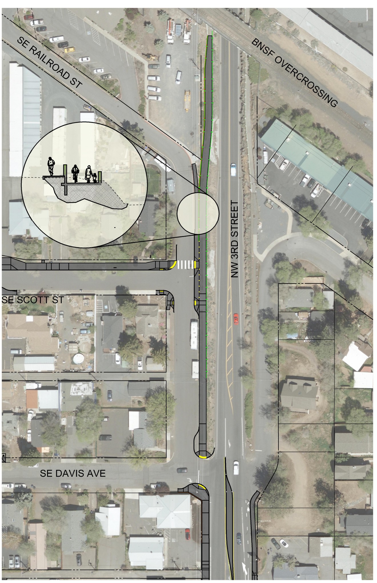 Aerial design plan of NW Third Street south of the BNSF Overcrossing, showing a proposed shared-use path along the west side between SE Railroad Street and SE Davis Avenue. Inset cross-section shows pedestrians and a cyclist on the raised path at the tunnel exit near SE Scott Street.