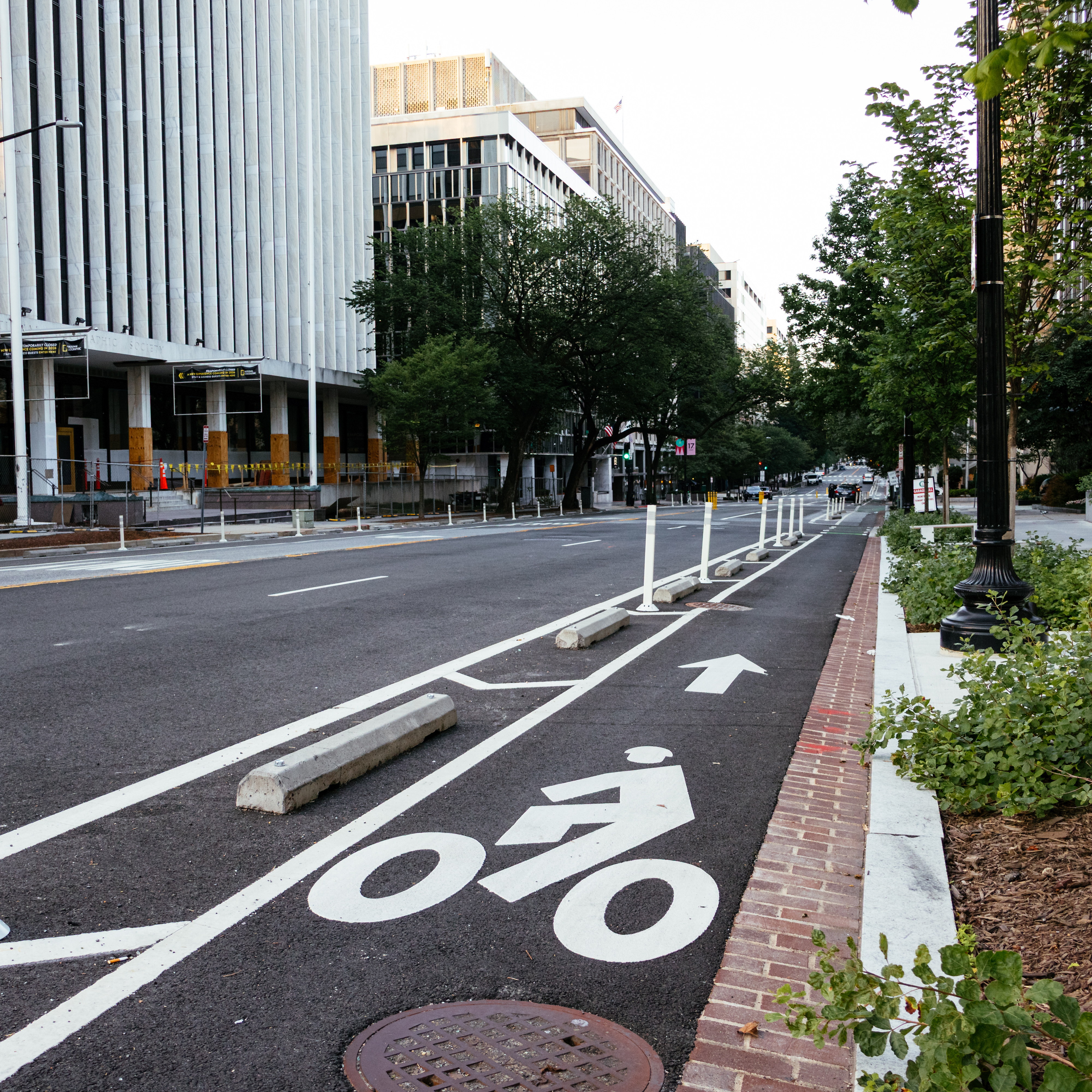 A protected bike lane separated from traffic by a curb and plastic posts.