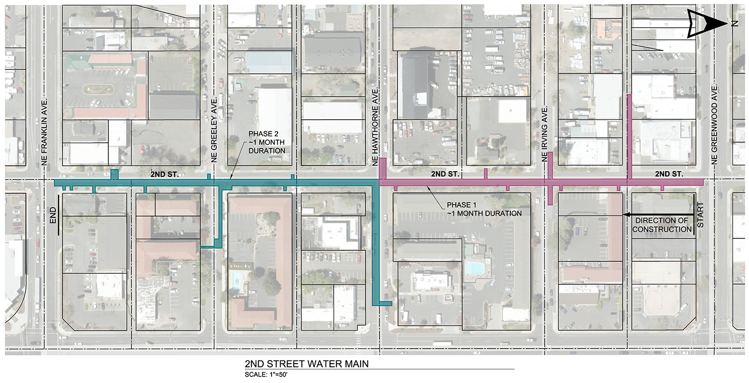 Mapa que muestra el trabajo de la línea de agua con ubicaciones de zanjas abiertas a lo largo de la calle Second Street. 