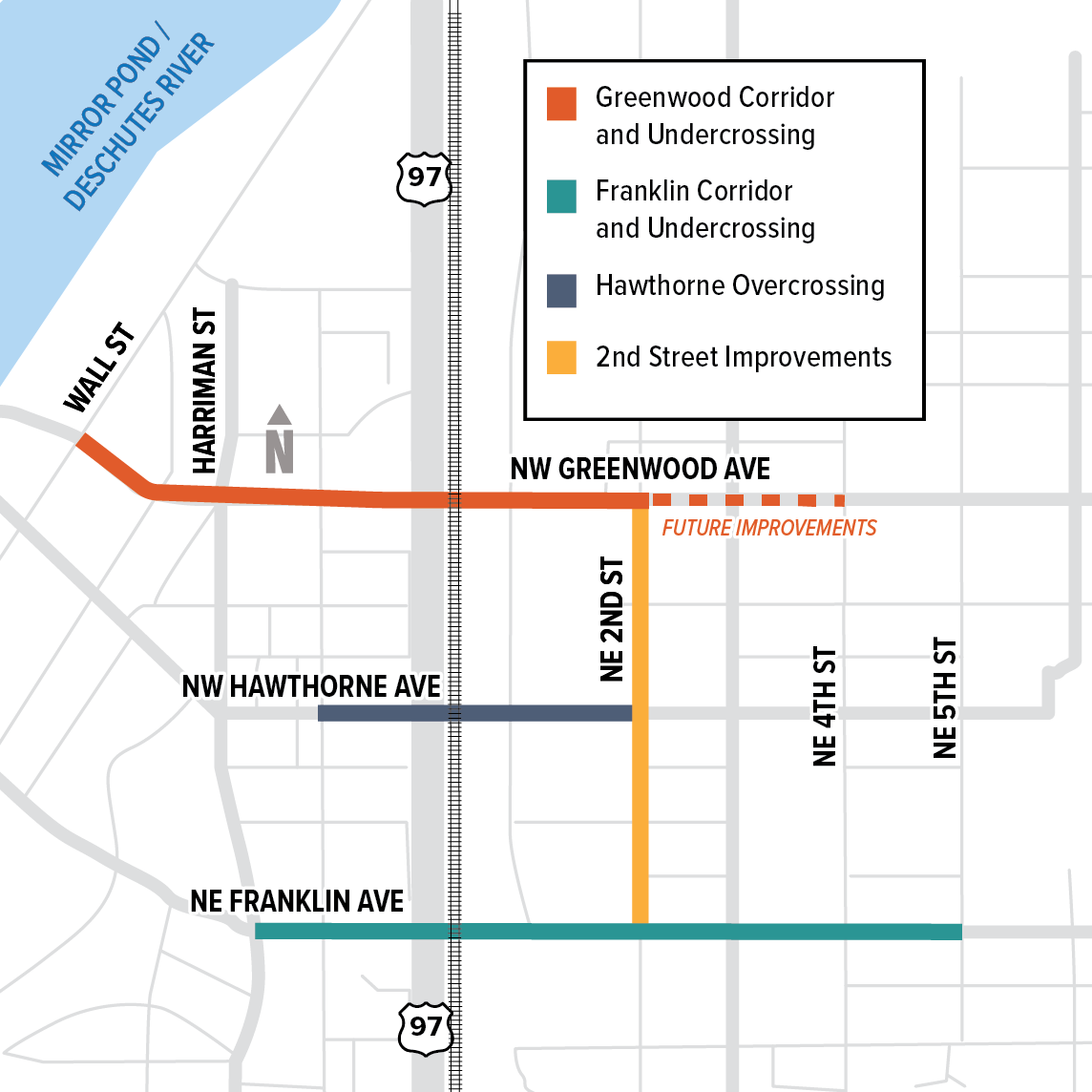 Project area map showing the future improvements of Franklin Avenue, Greenwood Avenue, Hawthorne Avenue, and Second Street 