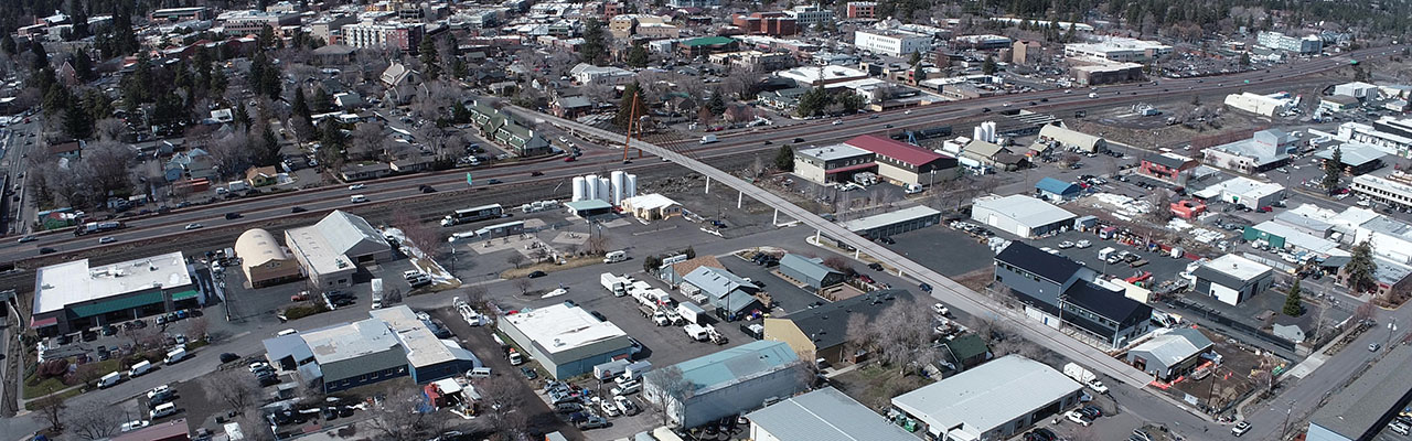 Rendered bridge option 2 over an aerial image of Hawthorne