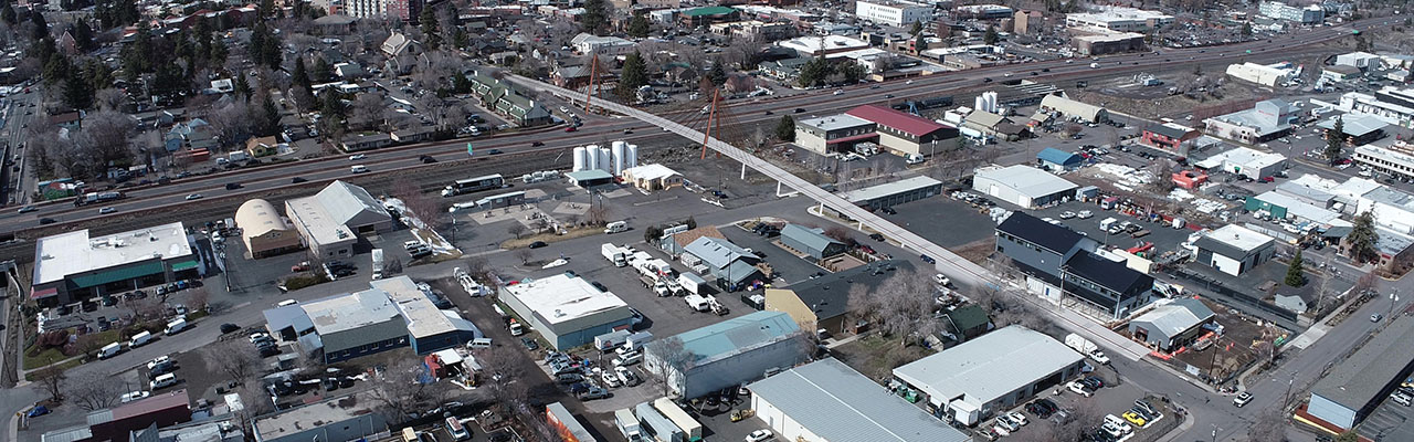 Rendering of bridge option 1 over an aerial image of Hawthorne