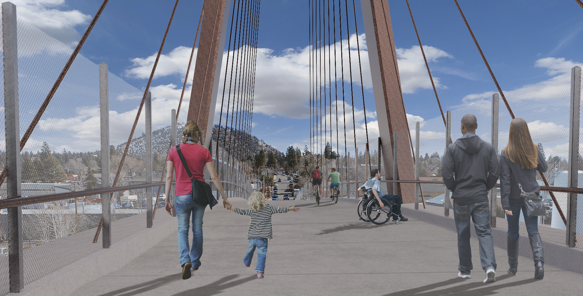 Rendering of people crossing over the new bridge as option 2