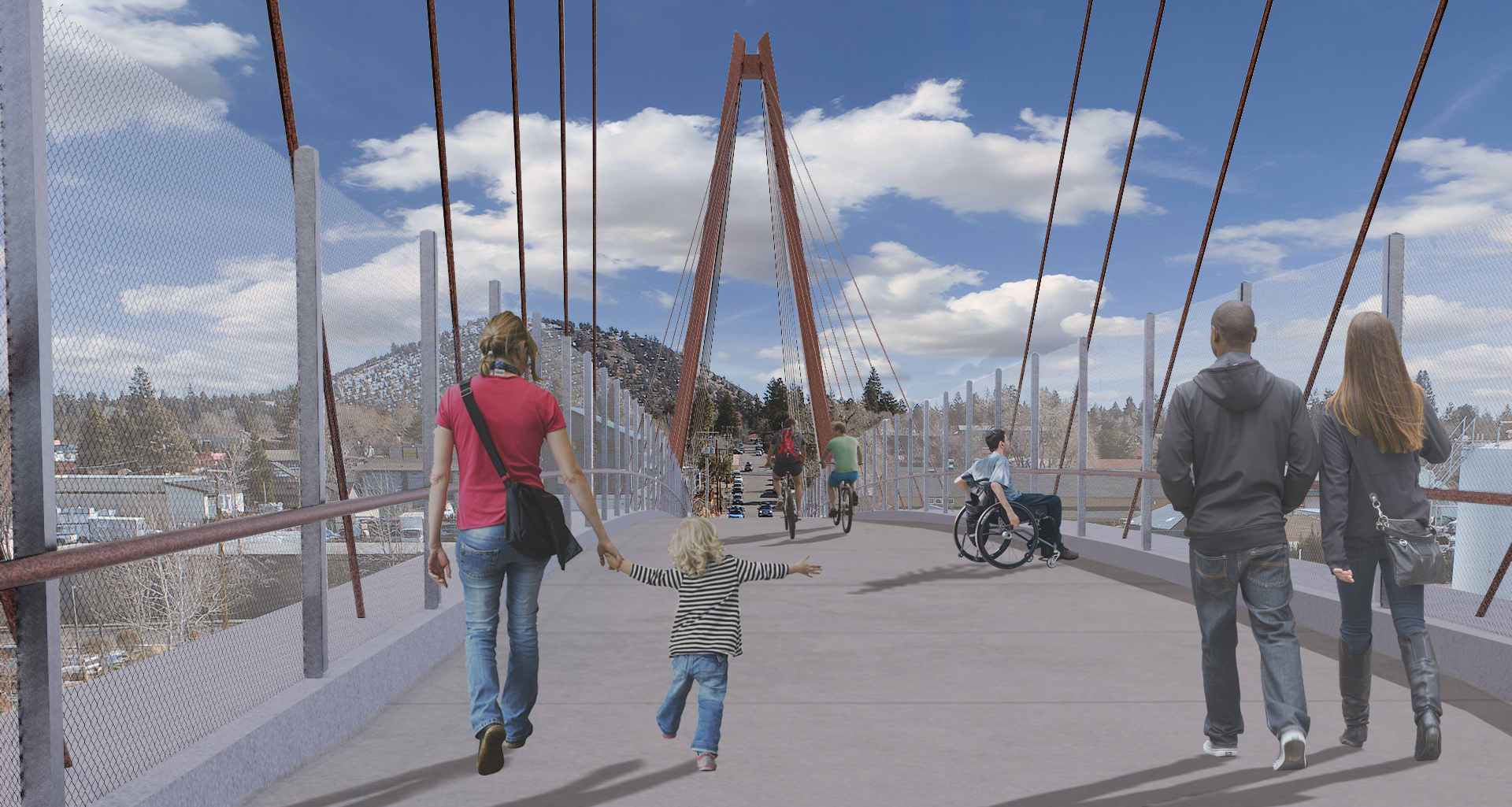 Rendering of people crossing over the new bridge with option 1 styling