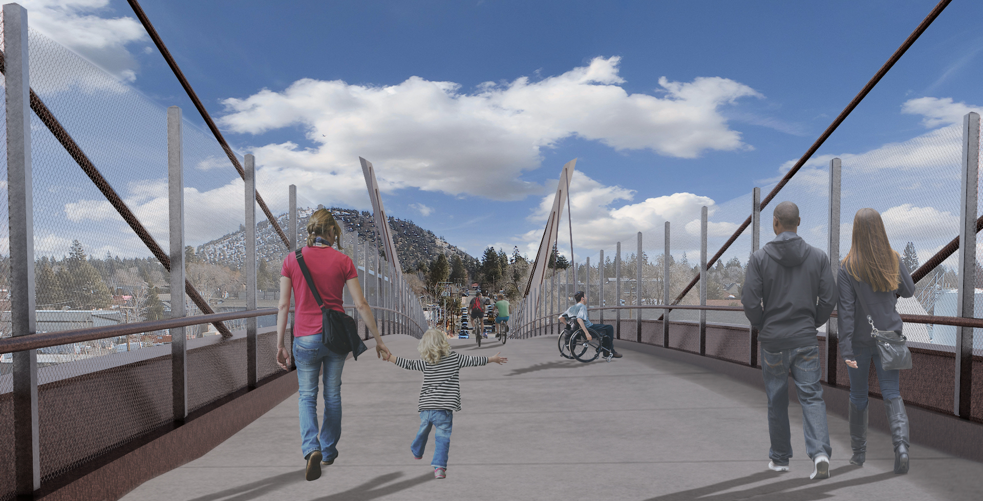 Rendering of people crossing over the new bridge as option 3