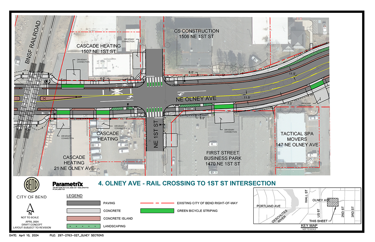 illustration for the Olney Ave from Wall St to 2nd St design, railcrossing at 1st St