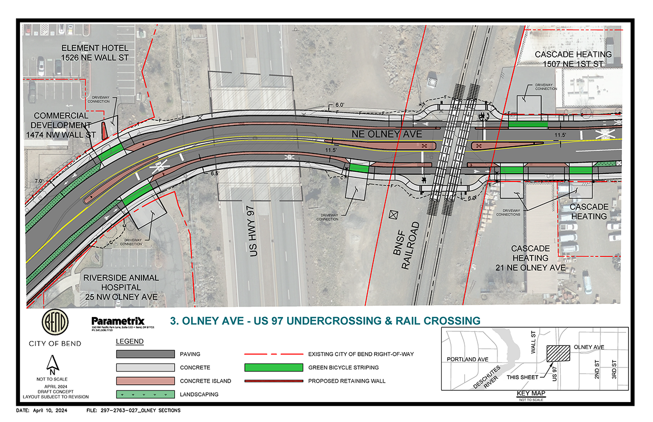 illustration for the Olney Ave from Wall St to 2nd St design, US 97 undercrossing and railcrossing