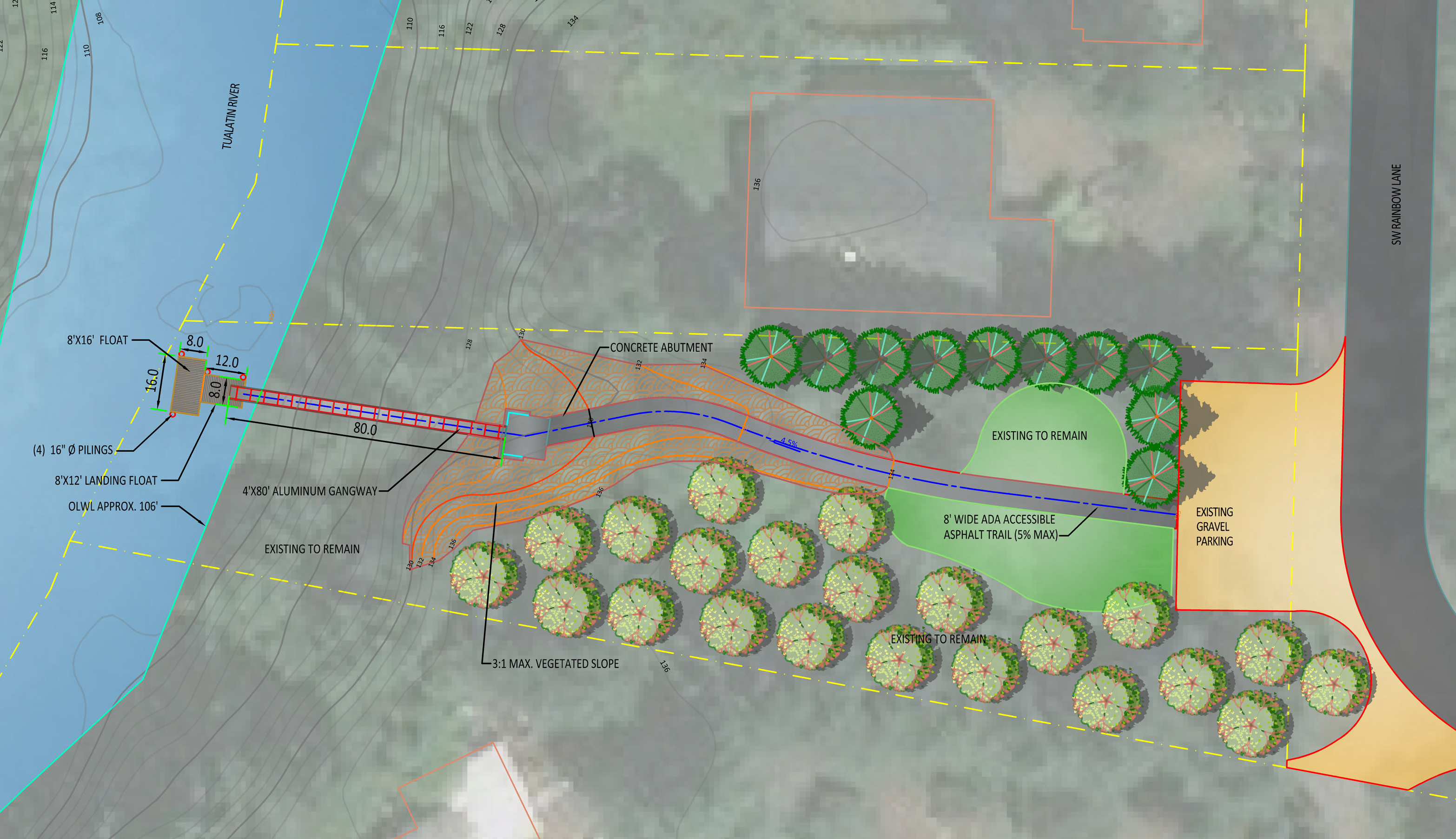 Draft versions of the Eagle Landing improvements including an 8-foot wide accessible asphalt trail to an aluminum gangway to access a floating landing in the Tualatin River. 