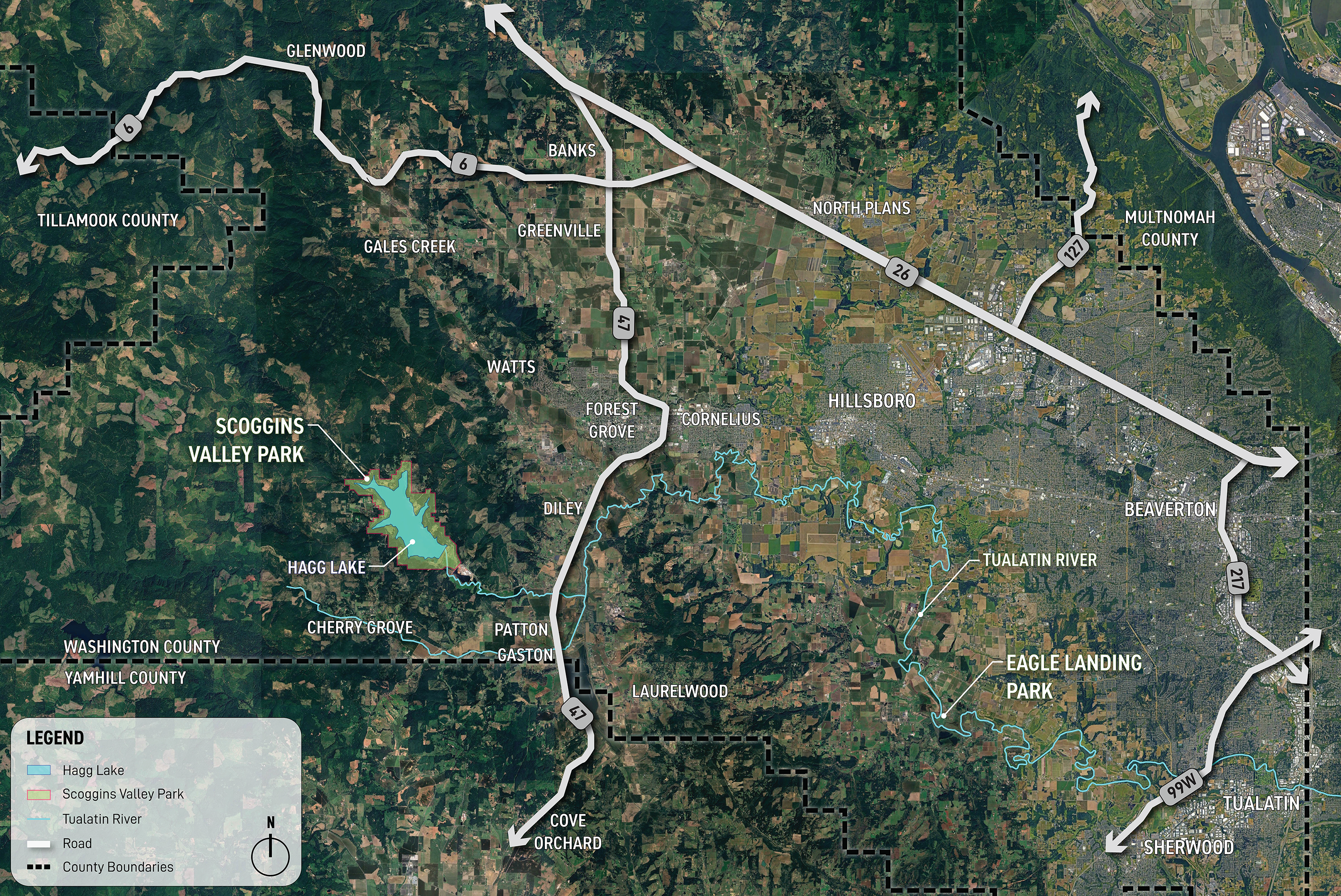 Location map showing where Scoggins Valley Park is located in relation to US 26 and to the west of Forest Grove and Gaston off Highway 47.