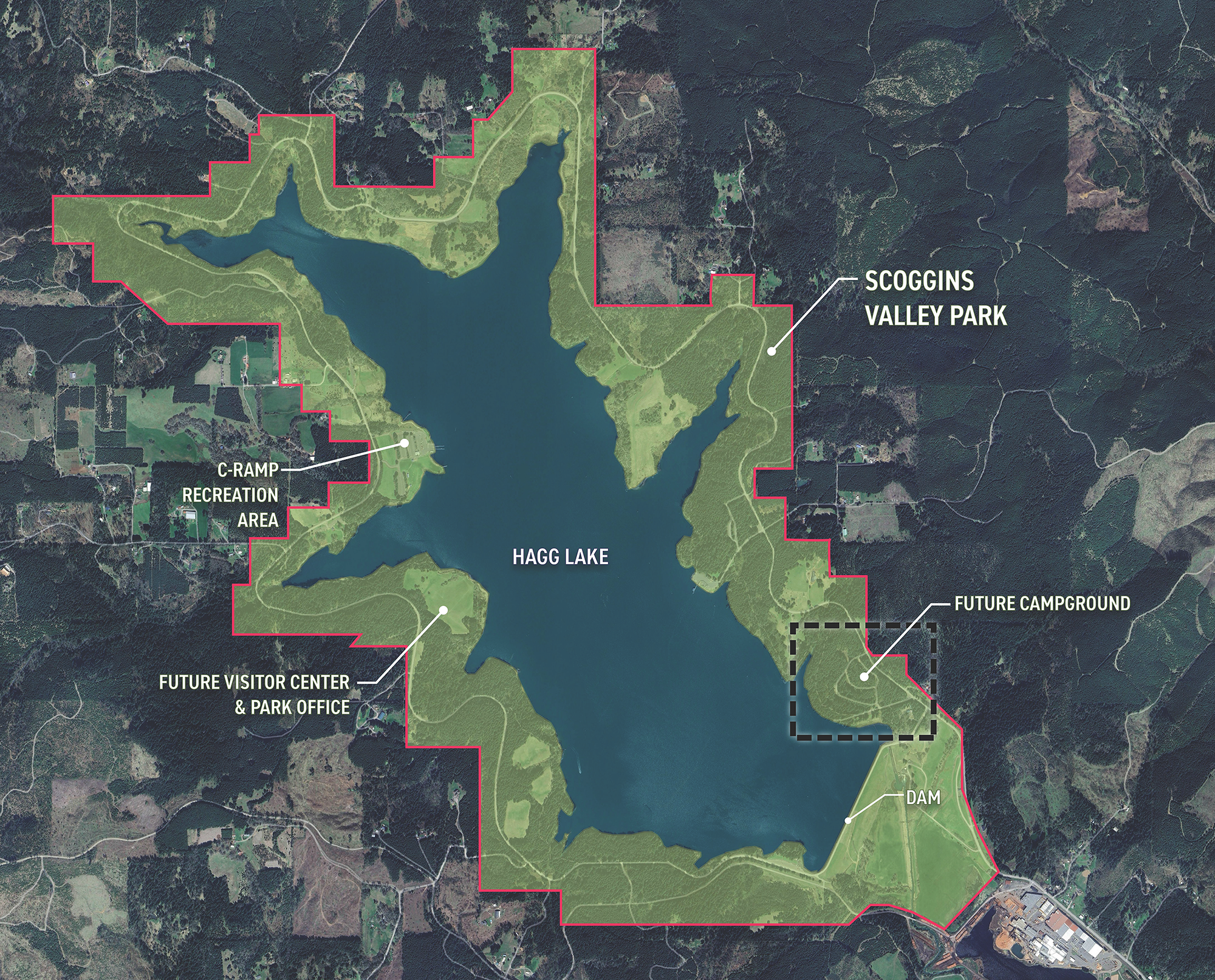 Scoggins Valley Park boundaries shown in red with Hagg Lake shown in the middle of the area. The Visitor Center and Campground have additional details in a separate map.