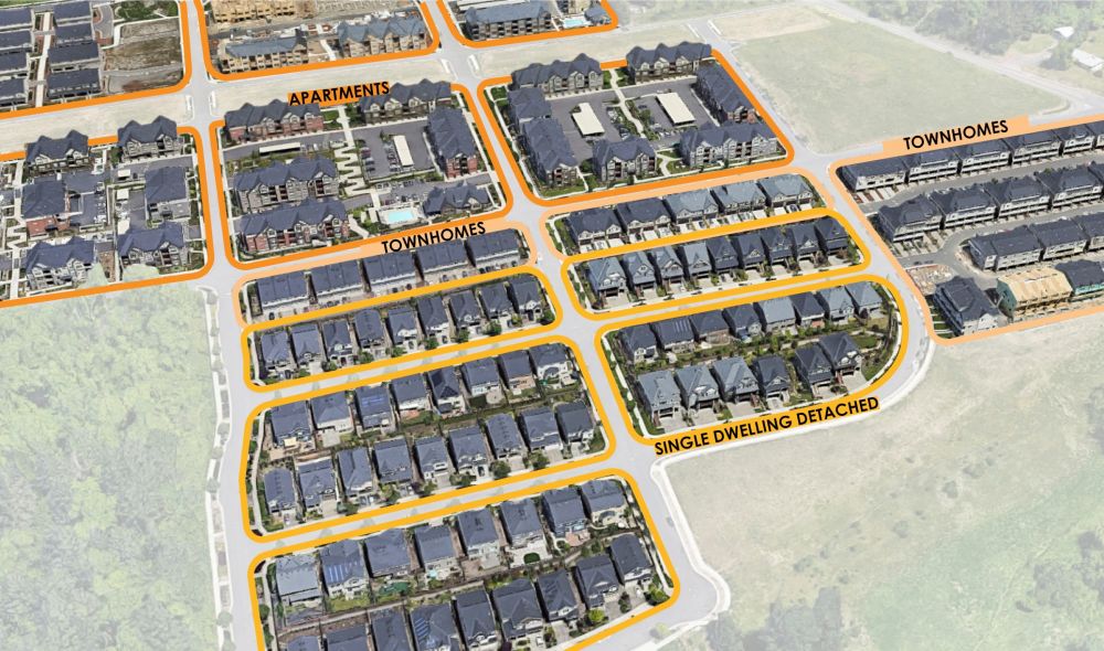 Diagram of different housing types built on separate blocks or in separate subdivisions.