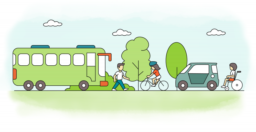 Graphic illustration of various transportation modes: bus, walking, biking, car, and wheelchair.