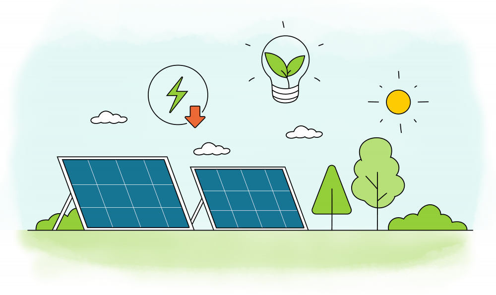 Graphic illustration of solar panels in a sunny field.